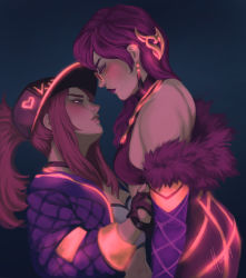 Rule 34 | 2girls, abs, akali, baseball cap, blush, breasts, bustier, choker, cleavage, coat, commentary, earrings, elbow gloves, english commentary, evelynn (league of legends), eye contact, eyeshadow, fingerless gloves, girl on top, glasses, gloves, halterneck, hat, height difference, high-waist skirt, highres, jewelry, k/da (league of legends), k/da akali, k/da evelynn, league of legends, lipstick, long hair, looking at another, makeup, midriff, multiple girls, murasaki-yuri, padded coat, photo-referenced, pince-nez, ponytail, purple-tinted eyewear, purple eyes, purple eyeshadow, purple hair, purple lips, quilted coat, skirt, small breasts, tinted eyewear, torso grab, yuri