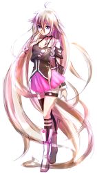 Rule 34 | 1girl, absurdly long hair, ahoge, bare shoulders, black shirt, blue eyes, boots, braid, choker, collarbone, deluxe&lt;&lt;&lt;, detached sleeves, full body, halterneck, highres, ia (vocaloid), long hair, looking at viewer, off-shoulder shirt, pink hair, shirt, single thighhigh, skirt, solo, standing, thigh strap, thighhighs, twin braids, very long hair, vocaloid, white background, white footwear