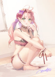 Rule 34 | 1girl, absurdres, barefoot, blush, bow, bra, breasts, carpet, choker, collarbone, dated, frilled bra, frilled bracelet, frilled choker, frilled straps, frills, green eyes, hair behind ear, hair bow, hair ribbon, highres, indoors, looking to the side, low twintails, macross, macross 7, mylene jenius, panties, pink bra, pink choker, pink hair, pink panties, pointy ears, purple bow, purple ribbon, red bow, ribbon, signature, small breasts, solo, surprised, tachibana yuzuho, thigh strap, twintails, underwear