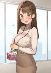 Rule 34 | 1girl, :d, blush, breasts, brown eyes, brown hair, brown skirt, commentary request, cowboy shot, earrings, flying, high-waist skirt, highres, holding, id card, indoors, jewelry, lanyard, large breasts, long hair, long sleeves, looking at viewer, no pupils, office lady, ol-chan (ol mahonanoka), ol mahonanoka, open mouth, original, pencil skirt, ribbed shirt, shirt, shirt tucked in, skirt, smile, solo, standing, swept bangs, turtleneck, turtleneck shirt, white shirt, window, wrapped bento