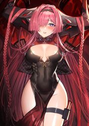 Rule 34 | 1girl, absurdres, antenna hair, arms up, azur lane, black dress, black hairband, blush, braid, breasts, china dress, chinese clothes, covered navel, dress, groin, hair on horn, hair over one eye, hairband, heart, heart-shaped pupils, highres, holster, jacket, kaki z3, large horns, long hair, looking at viewer, medium breasts, official alternate costume, parted lips, pelvic curtain, pink hair, prinz rupprecht (azur lane), prinz rupprecht (the gate dragon advent) (azur lane), purple eyes, red jacket, solo, symbol-shaped pupils, thigh holster, very long hair, wavy mouth