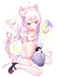 Rule 34 | 1girl, :t, ahoge, animal, animal ear fluff, animal ears, bandeau, bare shoulders, bell, bird, black footwear, blush, bow, breasts, cat ears, cat girl, cat tail, choker, closed mouth, collarbone, commentary request, eyebrows hidden by hair, fish hair ornament, floral background, full body, gloves, hair ornament, high heels, holding, holding own hair, jingle bell, long hair, looking at viewer, navel, original, panties, penguin, pink bow, pink choker, pink panties, piyodera mucha, pout, puffy short sleeves, puffy sleeves, purple eyes, shoes, short sleeves, side-tie panties, sitting, skindentation, small breasts, solo, strapless, tail, thighhighs, twintails, underwear, very long hair, wariza, white gloves, white hair, white thighhighs