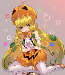 Rule 34 | 1girl, absurdres, armband, bare shoulders, blonde hair, blush, bow, bowtie, center frills, commentary request, embarrassed, fang, frills, gloves, green eyes, green hair, green vest, hair tubes, highres, jack-o&#039;-lantern (kemono friends), kemono friends, long hair, mary janes, multicolored hair, open mouth, orange bow, orange bowtie, orange footwear, orange shorts, pantyhose, plant, pumpkin hat, pumpkin pants, shirt, shoes, shorts, sitting, sleeveless, solo, tadano magu, very long hair, vest, vines, white gloves, white pantyhose, white shirt