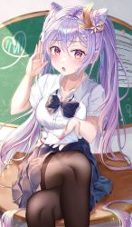 Rule 34 | 1girl, :o, bare arms, black skirt, black thighhighs, blush, braid, breasts, chalkboard, classroom, collarbone, commentary request, cone hair bun, crossed legs, desk, double bun, eyebrows, genshin impact, hair bun, hair ornament, hairpin, hand up, head tilt, heart, highres, holding, holding letter, keqing (genshin impact), letter, lisa 78, long hair, loose neckwear, love letter, medium breasts, nail polish, neck ribbon, on desk, open mouth, paper, purple eyes, purple hair, purple nails, ribbon, school desk, school uniform, shirt, short sleeves, sidelocks, sitting, on desk, skirt, solo, tagme, teeth, thighhighs, twintails, very long hair, wall, whispering, white shirt