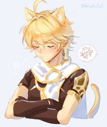 Rule 34 | 1boy, 1girl, aether (genshin impact), ahoge, animal ears, arm armor, armor, artist name, blonde hair, blush, braid, brown gloves, brown shirt, cat boy, cat ears, cat tail, closed eyes, closed mouth, crossed arms, earrings, fox ears, fox girl, genshin impact, gloves, grey background, hair between eyes, hair ornament, highres, hikarusorano, jewelry, kemonomimi mode, long hair, male focus, scarf, shirt, short sleeves, shoulder armor, sidelocks, simple background, single earring, smile, sparkle, speech bubble, spoken character, sweatdrop, tail, upper body, v-shaped eyebrows, white scarf, yae miko