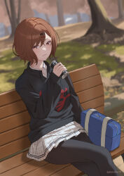 Rule 34 | 1girl, absurdres, bag, bench, black pantyhose, black shirt, blush, brown hair, can, canned coffee, drink can, dscreation (alan dwi29), feet out of frame, highres, higuchi madoka, holding, holding can, idolmaster, idolmaster shiny colors, looking at viewer, on bench, outdoors, pantyhose, park, park bench, plaid, plaid skirt, pleated skirt, school bag, school uniform, shirt, short hair, sitting, skirt, solo