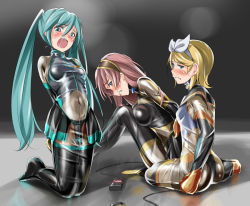 Rule 34 | 3girls, aqua eyes, aqua hair, armbinder, arms behind back, bdsm, blonde hair, blue eyes, blush, bodysuit, bondage, bound, bound arms, bound legs, breasts, collar, dildo, feet, fixed vibrator, fumi11gou, gimp suit, hatsune miku, kagamine rin, latex, long hair, looking at viewer, megurine luka, multiple girls, navel, object insertion, open mouth, pink hair, restrained, sex toy, short hair, soles, twintails, vaginal, vaginal object insertion, vibrator, vocaloid