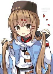Rule 34 | 1girl, anchor necklace, black bow, black gloves, black hat, blue shawl, bow, brown eyes, brown hair, fathom, fingerless gloves, fur hat, gloves, hair bow, hat, highres, jacket, jewelry, kantai collection, long hair, low twintails, necklace, one-hour drawing challenge, papakha, ribbon trim, scarf, shawl, simple background, smile, solo, tashkent (kancolle), torn clothes, torn scarf, twintails, twitter username, upper body, white background, white jacket, white scarf