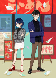 Rule 34 | 1boy, 1girl, black-framed eyewear, black eyes, black footwear, black hair, black shirt, blue hair, blue jacket, blue nails, brown pants, closed mouth, collared shirt, commentary request, crossed arms, dress shirt, fingernails, glasses, grey jacket, high heels, highres, jacket, long sleeves, looking at viewer, multicolored nails, nail polish, open clothes, open jacket, original, pants, paper, pencil skirt, red eyes, red footwear, red nails, shirt, shoes, short hair, sign, skirt, smile, standing, translation request, v-shaped eyebrows, white skirt, yuu (higashi no penguin)