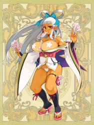 Rule 34 | 1girl, between breasts, breasts, character request, full body, holding, huge breasts, long hair, long sleeves, looking at viewer, mouth hold, off shoulder, official art, panties, pasties, psychic hearts, ryoji (nomura ryouji), sandals, solo, tan, thigh strap, toeless legwear, toes, underwear, white hair, white panties, wide sleeves, yellow eyes