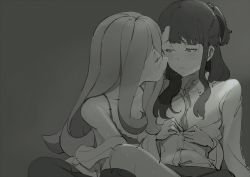 Rule 34 | 2girls, assisted exposure, bad id, bad twitter id, blush, bra, breasts, cleavage, closed eyes, eyeshadow, green theme, greyscale, kagari atsuko, little witch academia, long hair, long sleeves, looking at another, makeup, monochrome, multiple girls, off shoulder, open mouth, saliva, saliva trail, sucy manbavaran, sweat, unbuttoning, underwear, usurik, yuri