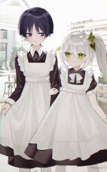 Rule 34 | 1boy, 1girl, alternate costume, apron, arm hug, black dress, black hair, bow, chipong, closed mouth, collared dress, commentary request, crossover, dress, enmaided, frilled apron, frills, genshin impact, gradient hair, green eyes, green hair, grey hair, hair between eyes, hair intakes, long sleeves, maid, maid apron, multicolored hair, nahida (genshin impact), pantyhose, puffy short sleeves, puffy sleeves, purple eyes, scaramouche (genshin impact), short sleeves, side ponytail, smile, standing, twitter username, v-shaped eyebrows, wanderer (genshin impact), white apron, white bow, white pantyhose