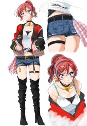 Rule 34 | 1girl, absurdres, belt buckle, black choker, black thighhighs, boots, breasts, buckle, choker, cleavage, denim, denim shorts, earrings, hair ornament, hairclip, hands in pockets, high heel boots, high heels, highres, jacket, jewelry, love live!, love live! school idol project, medium breasts, midriff, multiple views, navel, nishikino maki, open clothes, open jacket, ponytail, purple eyes, red hair, shogo (4274732), shorts, thigh boots, thigh strap, thighhighs