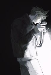 Rule 34 | 1boy, alternate costume, alternate universe, black background, camera, cloud strife, collared jacket, collared shirt, commentary, facing to the side, final fantasy, final fantasy vii, greyscale, high collar, highres, holding, holding camera, jacket, long sleeves, looking down, male focus, monochrome, pants, shirt, short hair, simple background, solo, spiked hair, symbol-only commentary, upper body, xscr1205