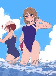 Rule 34 | 2girls, blue eyes, blush, breasts, clothes pull, competition swimsuit, grey hair, highres, love live!, love live! sunshine!!, medium breasts, multiple girls, one-piece swimsuit, red hair, rlqns9995, sakurauchi riko, short hair, simple background, sky, standing, swim cap, swimming goggles, swimsuit, watanabe you, water