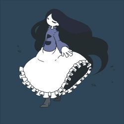 Rule 34 | 1girl, black hair, blue theme, closed eyes, floating hair, frills, full body, funetsuki, long hair, long skirt, lowres, moka (1339), monochrome, outstretched arms, pale skin, shoes, skirt, solo, spread arms, tec (game), turtleneck, very long hair, walking