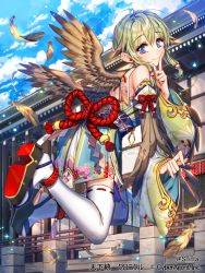 Rule 34 | 1girl, blue eyes, blue sky, blush, brown wings, day, feathers, floral print, green hair, index finger raised, japanese clothes, looking at viewer, looking back, official art, outdoors, railing, sidelocks, sila (carpen), sky, smile, tenka touitsu chronicle, thighhighs, watermark, white thighhighs, wide sleeves, wings
