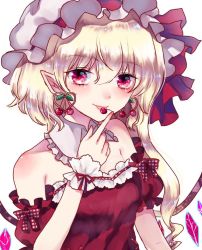 Rule 34 | 1girl, alternate costume, bare shoulders, blush, cherry, crystal, detached collar, dress, earrings, flandre scarlet, food, food-themed earrings, fruit, ginzuki ringo, hat, jewelry, licking, looking at viewer, mob cap, off-shoulder dress, off shoulder, pointy ears, red dress, red eyes, side ponytail, smile, solo, tongue, tongue out, touhou, upper body, wings, wrist cuffs