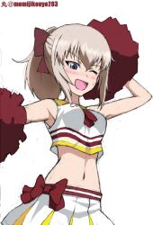 Rule 34 | 1girl, ;d, alternate costume, alternate hairstyle, arm up, artist name, blue eyes, blush, bow, bow skirt, cheerleader, coco&#039;s, commentary, girls und panzer, hair bow, hair up, holding, holding pom poms, itsumi erika, kayabakoro, looking at viewer, medium hair, midriff, miniskirt, navel, one-hour drawing challenge, one eye closed, open mouth, pleated skirt, pom pom (cheerleading), pom poms, red bow, sailor collar, shirt, silver hair, simple background, sketch, skirt, sleeveless, sleeveless shirt, smile, solo, standing, sweatdrop, twitter username, white background, white shirt, white skirt