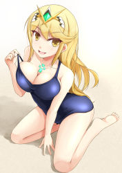 Rule 34 | 1girl, ass, blonde hair, breasts, cameltoe, cleavage, feet, full body, gem, gradient background, hair ornament, hand on floor, headpiece, highres, jewelry, kuro (be ok), large breasts, legs, long hair, looking at viewer, mythra (xenoblade), nintendo, one-piece swimsuit, open mouth, sand, shadow, simple background, sitting, smile, solo, swept bangs, swimsuit, teasing, thighs, tiara, very long hair, xenoblade chronicles (series), xenoblade chronicles 2, yellow eyes