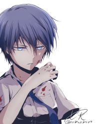 Rule 34 | 10s, 1girl, akuma no riddle, azuma tokaku, bad id, bad pixiv id, blood, blood on face, blood on hands, blue eyes, blue hair, highres, matching hair/eyes, necktie, nrbwrbsn, parted lips, short hair, simple background, solo, white background