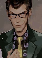 Rule 34 | 000cocktail000, 1boy, arsene lupin iii, blue eyes, brown background, brown hair, floral print, glasses, green jacket, jacket, looking at viewer, lupin iii, necktie, simple background, solo, upper body, yellow necktie