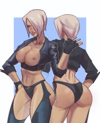 Rule 34 | 1girl, absurdres, angel (kof), ass, backless pants, blue eyes, bra, breasts, breasts out, chaps, cleavage, crop top, cropped jacket, fingerless gloves, gloves, hair over one eye, highres, jacket, large breasts, leather, leather jacket, lipstick, makeup, midriff, navel, nipples, no bra, panties, pants, shiny skin, short hair, snk, solo, strapless, strapless bra, tan, the king of fighters, the king of fighters xiv, toned, twt4gn, underwear, white hair