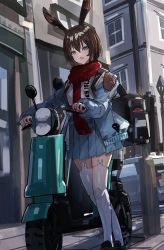 Rule 34 | 1girl, amiya (arknights), amiya (fresh fastener) (arknights), animal ears, arknights, brown hair, building, frilled skirt, frills, full body, hair between eyes, highres, knees together feet apart, lamppost, looking at viewer, motor vehicle, official alternate costume, open mouth, rabbit ears, rabbit girl, red neckwear, scarf, scooter, short hair, skirt, solo, standing, the olphy, thighhighs, white thighhighs, window