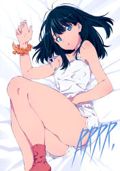 Rule 34 | 1girl, absurdres, anime coloring, artbook, bed sheet, black hair, camisole, dolphin shorts, flat chest, gridman universe, highres, legs, long hair, looking at viewer, lying, official art, on back, parted lips, red socks, scan, shorts, socks, solo, ssss.gridman, takarada rikka, takeuchi masato, thick thighs, thighs, white camisole, white shorts