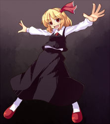 Rule 34 | 1girl, :d, blonde hair, embodiment of scarlet devil, fang, female focus, hair ribbon, open mouth, outstretched arms, ribbon, rumia, saemon (tonpura), short hair, skirt, smile, solo, spread arms, touhou