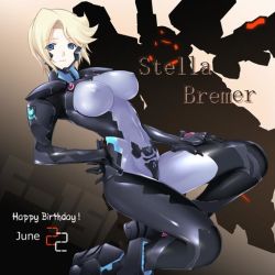 Rule 34 | 1girl, blonde hair, blue eyes, bodysuit, breasts, covered erect nipples, dutch angle, f-15actv active eagle, glowing, hand on own hip, happy birthday, impossible clothes, kneeling, large breasts, mecha, miyata sou, muv-luv, muv-luv alternative, muv-luv total eclipse, pilot suit, robot, shiny clothes, short hair, skin tight, smile, solo, stella bremer