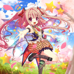 Rule 34 | 1girl, :d, boots, cherry blossoms, fairy, fairy wings, hair ornament, long hair, open mouth, original, outstretched arms, petals, pink hair, pointy ears, pumpkin pants, purple eyes, shiwasu horio, sky, smile, solo, spread arms, star (symbol), twintails, wings