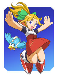 Rule 34 | 1girl, atonamu, beak, beat (mega man), bird, blonde hair, blue eyes, bow, capcom, child, flying, full body, green bow, hair bow, hair ornament, high ponytail, highres, hood, hoodie, long hoodie, jumping, long hair, looking to the side, mechanical bird, open mouth, outstretched arms, ponytail, mega man (series), mega man (classic), mega man 11, roll (mega man), smile