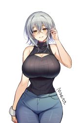 Rule 34 | 1girl, absurdres, bad id, bad twitter id, bare arms, bare shoulders, black sweater, blue pants, breasts, cleavage, cleavage cutout, clothing cutout, counter:side, cowboy shot, denim, grey hair, grin, hand up, hayami kanade (counter:side), highres, large breasts, looking at viewer, maett, pants, ribbed sweater, short hair, simple background, sleeveless, sleeveless sweater, sleeveless turtleneck, smile, solo, sweater, sweater tucked in, turtleneck, turtleneck sweater, white background, wrist cuffs, yellow eyes