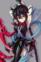 Rule 34 | 1girl, armpits, arms up, asymmetrical wings, black hair, black thighhighs, blush, breasts, covered erect nipples, dress, fang, houjuu nue, looking at viewer, nail polish, pointy ears, polearm, red eyes, short dress, short hair, simple background, smile, snake, solo, thighhighs, touhou, touya (the-moon), weapon, wings, wrist cuffs, zettai ryouiki
