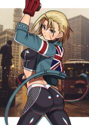 Rule 34 | 1girl, akisu k, ass, blonde hair, blue eyes, breasts, building, cammy white, chromatic aberration, city, crop top, from behind, jacket, long sleeves, looking at viewer, medium breasts, pants, solo, street fighter, street fighter 6, tight clothes, tight pants, union jack