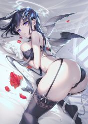 Rule 34 | 1girl, angel, ass, bare arms, bare shoulders, black bra, black hair, black panties, black thighhighs, bra, breasts, chain, commentary, feathered wings, flower, foot out of frame, garter belt, gomashio ponz, hair ribbon, halo, highres, indoors, lace, lace-trimmed legwear, lace trim, large breasts, lingerie, long hair, looking at viewer, no shoes, on bed, original, panties, parted lips, petals, pillow, purple eyes, red flower, ribbon, solo, thighhighs, top-down bottom-up, twitter username, underwear, underwear only, white ribbon, wings