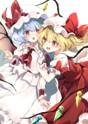 Rule 34 | 2girls, :d, :o, arm hug, ascot, bat wings, blonde hair, blue hair, bow, brooch, collared shirt, commentary request, crystal, fang, feet out of frame, flandre scarlet, hat, hat bow, highres, holding hands, interlocked fingers, jewelry, long hair, medium hair, meji aniki, mob cap, multiple girls, open mouth, puffy short sleeves, puffy sleeves, red ascot, red bow, red eyes, red hair, red skirt, red vest, remilia scarlet, shirt, short sleeves, siblings, simple background, sisters, skirt, smile, touhou, vest, white background, white headwear, white shirt, white skirt, wings