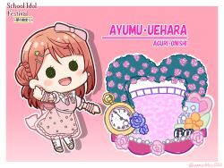 Rule 34 | 1girl, blush stickers, character name, chibi, commentary request, dream with you (love live!), dress, earrings, flower, full body, gradient background, hair bun, hair ribbon, hairpin, highres, jewelry, looking at viewer, love live!, love live! nijigasaki high school idol club, medium hair, multiple hairpins, oonishi aguri, orange hair, pink background, pink dress, pocket watch, ribbon, single side bun, single sidelock, smile, solo, stage, twitter username, uehara ayumu, voice actor connection, watch, yumechiku