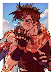 Rule 34 | 1boy, abs, aqua eyes, bare arms, bare shoulders, battle tendency, bottle, brown hair, coca-cola, drink, fingerless gloves, gloves, hamon mask, highres, holding, holding bottle, holding drink, holding mask, jojo no kimyou na bouken, joseph joestar, joseph joestar (young), male focus, mask, mouth mask, multicolored clothes, multicolored scarf, out of frame, scarf, scratches, short hair, soda, soda bottle, solo focus, striped clothes, striped scarf, sweat, unworn mask, upper body, xianlan