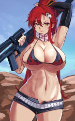 Rule 34 | 1girl, absurdres, anti-materiel rifle, arm up, armpits, asymmetrical gloves, bad id, bad pixiv id, bare shoulders, belt, bikini, bikini top only, black bikini, black gloves, black shorts, blue sky, blush, breasts, cleavage, closed mouth, collarbone, cowboy shot, day, elbow gloves, fingerless gloves, flame print, gloves, groin, gun, hair between eyes, hair ornament, hair stick, high ponytail, highres, holding, holding gun, holding weapon, large breasts, long hair, looking at viewer, loooyd, micro shorts, navel, open fly, over shoulder, ponytail, red hair, rifle, scarf, shorts, sidelocks, single elbow glove, skull hair ornament, sky, smile, sniper rifle, solo, standing, stomach, studded belt, swimsuit, tengen toppa gurren lagann, toned, underboob, weapon, weapon over shoulder, yellow eyes, yoko littner, zipper, zipper pull tab