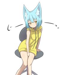 Rule 34 | 1girl, absurdres, animal ear fluff, animal ears, bare arms, bare shoulders, between legs, blue hair, blush, breasts, brown eyes, chair, closed mouth, hair between eyes, hand between legs, highres, hood, hood down, hoodie, idaten93, long hoodie, looking to the side, office chair, on chair, original, simple background, sitting, sleeveless, sleeveless hoodie, small breasts, solo, swivel chair, translated, white background, yellow hoodie