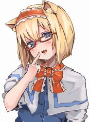Rule 34 | 1girl, alice margatroid, animal ears, bespectacled, blonde hair, blue eyes, blush, blush stickers, book, capelet, card, cat ears, dress, finger to mouth, freckles, glasses, hairband, highres, kemonomimi mode, looking at viewer, nattsuhan, open mouth, pointing, pointing at self, red-framed eyewear, ribbon, rimless eyewear, short hair, simple background, smile, solo, touhou, white background