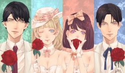 Rule 34 | 2boys, 2girls, :|, ;), arikawa anri, bare shoulders, black hair, blonde hair, blue ribbon, blunt bangs, bow, breasts, brown hair, cleavage, closed mouth, detached collar, dress, flower, formal, gloves, green eyes, hand up, hands up, hat, hat bow, hat flower, heart, highres, lace, looking at viewer, maroon neckwear, mole, mole under eye, multiple boys, multiple girls, necktie, one eye closed, original, parted bangs, pink bow, pink ribbon, purple eyes, red flower, ribbon, rose, small breasts, smile, striped, striped bow, suit, white dress, white gloves, white hat, white suit
