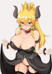 Rule 34 | &gt;:o, 1girl, absurdres, areola slip, armlet, bare shoulders, black dress, blonde hair, blue eyes, blush, borrowed design, bowsette, bracelet, breasts, chestnut mouth, chou shippai-saku, clothes lift, collar, cowboy shot, crown, dress, dress lift, garter belt, garter straps, highres, horns, huge breasts, jewelry, leafa, looking at viewer, mario (series), new super mario bros. u deluxe, nintendo, nose blush, ponytail, see-through, serious, sharp teeth, shiny skin, sidelocks, spiked bracelet, spiked collar, spikes, strapless, strapless dress, super crown, sword art online, teeth, thick thighs, thighhighs, thighs, v-shaped eyebrows, wide hips
