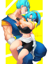 Rule 34 | 1boy, 1girl, armpit crease, bare arms, bare legs, bike shorts, black tube top, black wristband, blue eyes, blue hair, blue pants, blue sash, breasts, bulchi, cleavage, collarbone, dougi, dragon ball, dragon ball super, dragonball z, earrings, eyelashes, feet out of frame, fingernails, frown, gloves, grin, hand on another&#039;s ass, hand on another&#039;s thigh, hands on another&#039;s chest, hands up, head tilt, height difference, high ponytail, jewelry, large breasts, light blush, light smile, looking at another, midriff, muscular, muscular male, narrow waist, navel, obi, ommmyoh, orange shirt, pants, parted bangs, parted lips, pectorals, pillarboxed, ponytail, potara earrings, profile, sash, shirt, sidelocks, simple background, single bang, sitting, sitting on lap, sitting on person, size difference, smile, spiked hair, strapless, swept bangs, tareme, thick thighs, thighs, toned, tube top, undershirt, vegetto, waist cape, white gloves, wide hips, wristband, yellow background