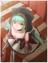 Rule 34 | 1girl, absurdly long hair, aqua eyes, aqua hair, artist name, artist request, bare shoulders, black choker, blue eyes, blue hair, blush, breasts, cat food (vocaloid), choker, cleavage, collarbone, elbow sleeves, female focus, hatsune miku, hood, hooded jacket, jacket, long hair, looking at viewer, male focus, parted lips, red footwear, shoes, sitting, skirt, smile, solo, striped legwear, twintails, very long hair, vocaloid, white skirt