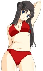 Rule 34 | 00s, 1girl, arm behind head, bikini, black hair, blue eyes, breasts, cleavage, contrapposto, fate/stay night, fate (series), female focus, head tilt, kamimiya, long hair, medium breasts, navel, red bikini, simple background, solo, standing, swimsuit, tohsaka rin, twintails, two side up, white background