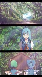 Rule 34 | 3girls, anime coloring, bad id, bad pixiv id, blue eyes, blue hair, bow, chinese clothes, cirno, daiyousei, fairy wings, forest, green hair, hair bow, ice, ice wings, kamishirasawa keine, letterboxed, multiple girls, nature, sawaya (mizukazu), scenery, side ponytail, touhou, wings