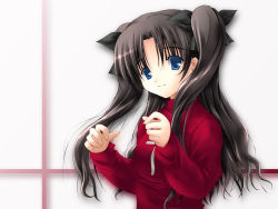 Rule 34 | 00s, 1girl, black hair, blue eyes, bow, cross, fate/stay night, fate (series), hair bow, hands up, long hair, long sleeves, looking at viewer, shion (kawasemi), solo, tohsaka rin, turtleneck, twintails, two side up